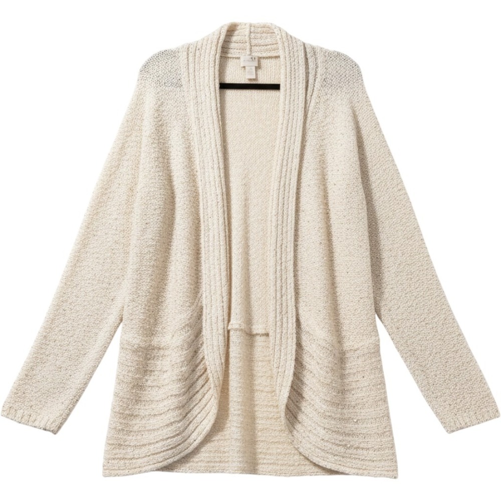 Chico's Cardigan Sweater 3 Cream Sequin‎ Open Front Metallic Coastal Grandma
